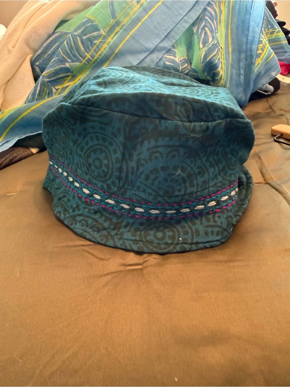 Natural Teal Patterned 100% Cotton Bucket Hat with Embroidered Band Size Large
